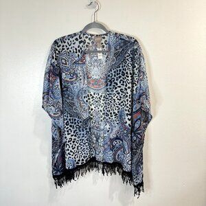 Chico's Kimono Cardigan Size M/L Blue Paisley Leopard Sheer Chiffon Fringe Boho